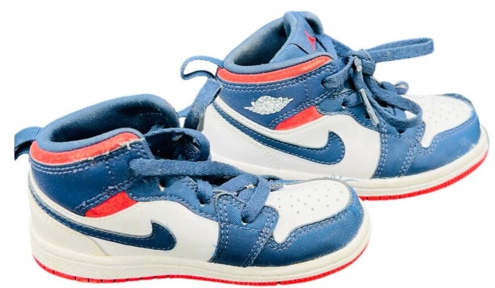 👟 Nike Air Jordan 1 Mid USA Toddler 8C Red White Blue Sneakers BQ6933